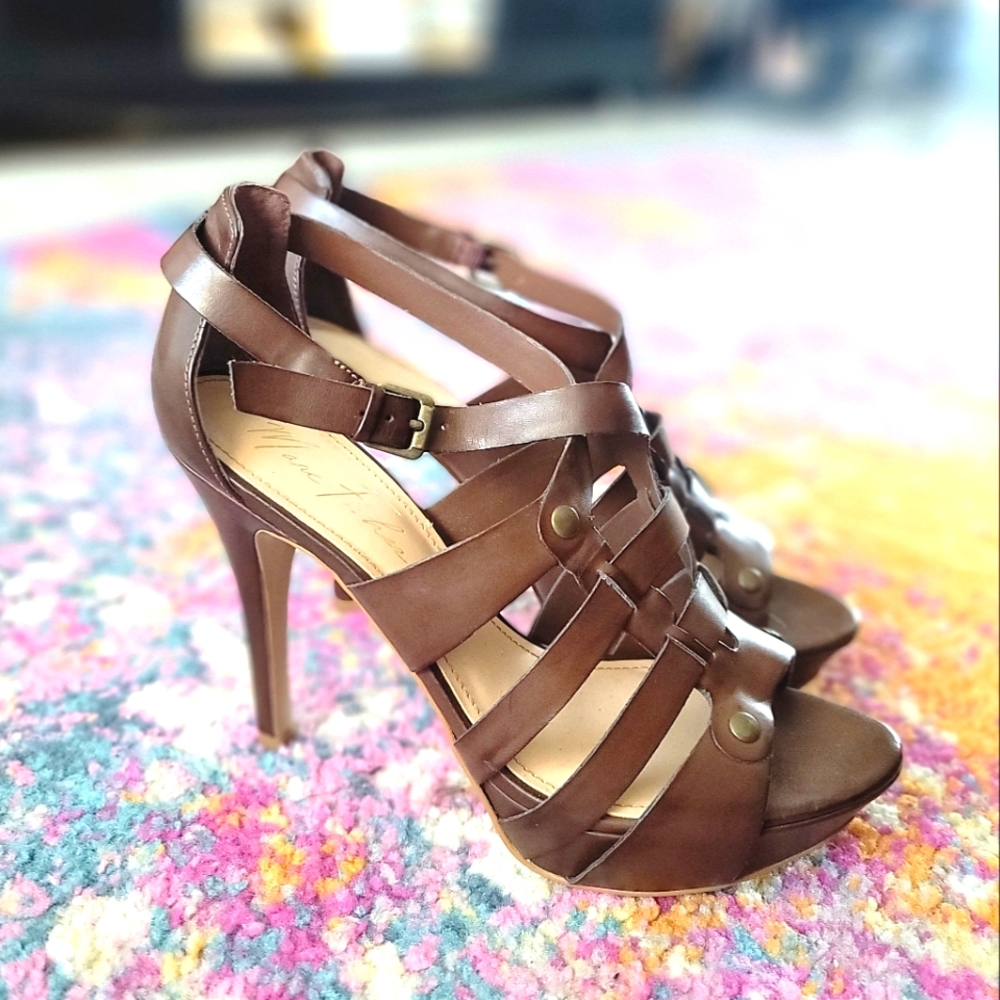 ✨️Marc Fisher Womens Creeks 2 Cage Sandals Brown Slim Heels Ankle Strap